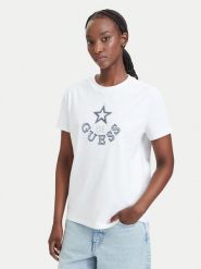 Guess T-Shirt V6YI04 K4268 Biały Regular Fit. Białe t-shirty damskie Guess, s, z aplikacjami, z bawełny, bez kołnierzyka, bez ramiączek. Za 214.99 zł.