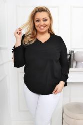Elegancka czarna bluzka z rozciętymi rękawami PLUS SIZE XXL. Czarne bluzki damskie Nasi partnerzy, plus size, bez wzorów, z poliesteru, eleganckie, bez kołnierzyka, plus size, bez ramiączek. Za 199.90 zł.