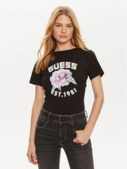 Guess T-Shirt Peony V4YI15 J1314 Czarny Regular Fit. Czarne t-shirty damskie Guess, xs, z aplikacjami, z bawełny, bez kołnierzyka, bez ramiączek. Za 169.99 zł.