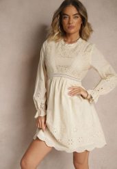 Beżowa Rozkloszowana Sukienka w Rustykalnym Stylu Zdobiona Haftem Iffesa. Brązowe sukienki damskie Renee, na co dzień, l, z aplikacjami, eleganckie, bez kołnierzyka, bez ramiączek, mini, rozkloszowane. Za 129.99 zł.