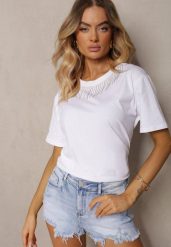 Biały T-shirt z Bawełny z Krótkim Rękawem i Ozdobnymi Cyrkoniami przy Dekolcie Vilefia. Białe t-shirty damskie Renee, l, bez wzorów, z bawełny, biznesowe, bez kołnierzyka, bez ramiączek. Za 29.99 zł.