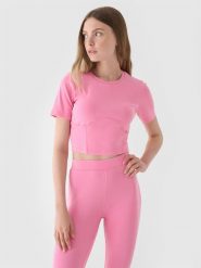 4F Crop top slim gładki damski - różowy L. Czerwone topy damskie 4F, l, bez wzorów, z bawełny, sportowe, bez kołnierzyka, bez ramiączek. W wyprzedaży za 19.99 zł.