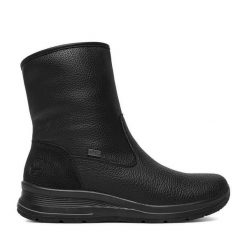 Botki Rieker. Czarne botki damskie Rieker, bez wzorów, bez obcasa, na płaskiej podeszwie, bez zapięcia. Za 389.99 zł.