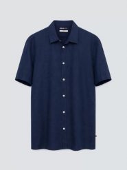Lniana koszula męska z krótkim rękawem granatowa Linerso 403. Niebieskie koszule męskie BIG STAR, na lato, l, bez wzorów, ze lnu, eleganckie, bez kołnierzyka, bez ramiączek. Za 229.99 zł.