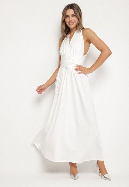 Biała Koktajlowa Sukienka Multiway z Wiskozą i Wiązaniem na Szyi Lilazza. Białe sukienki damskie Born2be, na imprezę, l, bez wzorów, z wiskozy, wizytowe, bez kołnierzyka, bez ramiączek, rozkloszowane. Za 179.99 zł.