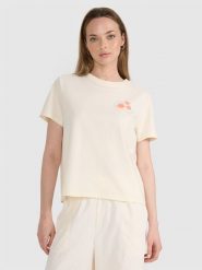 4F T-shirt oversize z nadrukiem damski - beżowy L. Brązowe t-shirty damskie 4F, l, bez wzorów, z bawełny, klasyczne, bez kołnierzyka, bez ramiączek. W wyprzedaży za 39.99 zł.