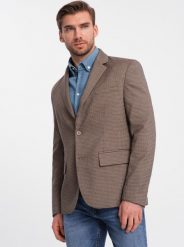 Ombre Marynarka męska casual w delikatną kratkę - brązowa V1 OM-BLZB-0116 M. Brązowe garnitury męskie Ombre, m, bez wzorów, casualowe. Za 309.99 zł.