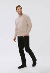 Sweter z dekoltem w serek S-KLARO. Niebieskie swetry męskie Volcano, m, bez wzorów, z bawełny, biznesowe, bez kołnierzyka, bez ramiączek. Za 139.99 zł.