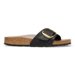 Birkenstock Madrid BB SYN Python Black Klapki damskie. Czarne klapki damskie Birkenstock, na lato, bez wzorów, z jeansu, eleganckie, bez obcasa, bez zapięcia. Za 399.99 zł.