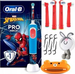Szczoteczka Oral-B Vitality Pro Kids 103 Spiderman + 4 x Końcówka + Wyciskacz do past + Uchwyt na końcówkę Blue. Niebieskie szczoteczki elektryczne Oral-B. Za 121.99 zł.