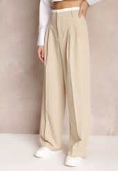 Beżowe Spodnie z Szerokimi Nogawkami w Kant Kavina. Brązowe spodnie materiałowe damskie Renee, bez wzorów, z jeansu, eleganckie, z podwyższonym stanem. Za 119.99 zł.