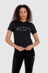 JUICY COUTURE Czarny t-shirt damski z diamentowym logo. Czarne t-shirty damskie Juicy Couture, s, bez wzorów, bez kołnierzyka, bez ramiączek. W wyprzedaży za 279.99 zł.