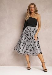 Szara Spódnica Midi Tiulowa z Welurowymi Kwiatami i Gumką w Talii Zihrosa. Szare spódnice damskie Renee, bez wzorów, z tiulu, midi, rozkloszowane. Za 69.99 zł.