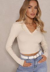 Beżowa Bawełniana Bluzka z Kołnierzykiem z Prążkowanego Materiału Hirfia. Brązowe bluzki damskie Renee, m, bez wzorów, z bawełny, eleganckie, bez kołnierzyka, bez ramiączek. Za 49.99 zł.