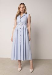 Niebieska Koszulowa Sukienka Bez Rękawów z Wiskozy i Bawełny z Paskiem Suranon. Niebieskie sukienki damskie Born2be, na co dzień, na lato, m, bez wzorów, z bawełny, eleganckie, bez kołnierzyka, bez ramiączek, maxi, koszulowe. Za 189.99 zł.