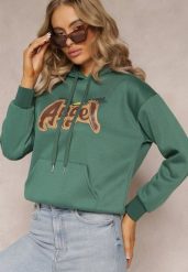 Ciemnozielona Ocieplona Bluza Kangurka z Nadrukiem Pralle. Zielone bluzy damskie Renee, l, bez wzorów, casualowe, bez ramiączek, z kapturem. Za 79.99 zł.