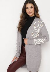 Szary Nierozpinany Kardigan Ozdobiony Cekinami i Kieszeniami Firiyana. Szare kardigany damskie Born2be, uniwersalny, z aplikacjami, z jeansu, eleganckie, bez kołnierzyka. Za 149.99 zł.