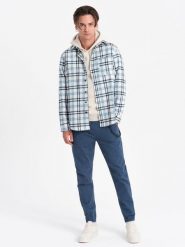 Spodnie męskie materiałowe JOGGERY z ozdobnym sznurkiem - niebieskie V10 - Rozmiar: XL. Niebieskie spodnie materiałowe męskie Ombre Clothing, bez wzorów, z bawełny. W wyprzedaży za 39.99 zł.