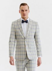 PAKO LORENTE – Beżowa marynarka garniturowa w kratę. Brązowe garnitury męskie Pako Lorente, bez wzorów, z elastanu. Za 399.99 zł.