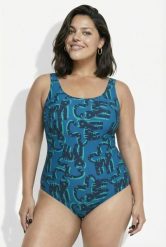 Damskie Strój kąpielowy koty bez miękkich miseczek okrągły dekolt. Niebieskie stroje kąpielowe damskie Ulla Popken, plus size, bez wzorów, z elastanu. Za 159.99 zł.