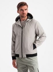 Lekka męska kurtka z siateczkową podszewką i kapturem – szara V6 OM-JANP-0149 - XXL. Szare kurtki męskie Ombre Clothing, l, z aplikacjami, z materiału. W wyprzedaży za 169.99 zł.