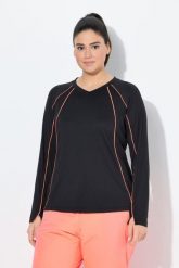 Damskie Koszula funkcyjna LSF 50+ slim dekolt w szpic długie rękawy. Czarne koszule damskie Ulla Popken, plus size, bez wzorów, z elastanu, bez kołnierzyka, bez ramiączek. Za 239.99 zł.