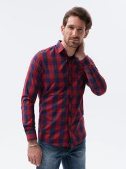 Koszula męska w kratę z długim rękawem - czerwono-granatowa K282 - XXL. Czerwone koszule męskie Ombre Clothing, m, bez wzorów, z bawełny, klasyczne, bez kołnierzyka, bez ramiączek. W wyprzedaży za 39.99 zł.