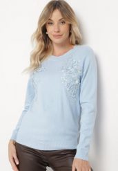 Jasnoniebieski Sweter z Koronkowymi Wstawkami z Bawełną Deriera. Niebieskie swetry nierozpinane damskie Born2be, m, z aplikacjami, z bawełny, klasyczne, bez kołnierzyka, bez ramiączek. Za 64.99 zł.