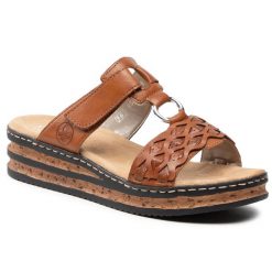 Klapki Rieker. Brązowe klapki damskie Rieker, bez wzorów, bez obcasa, bez zapięcia. Za 289.99 zł.