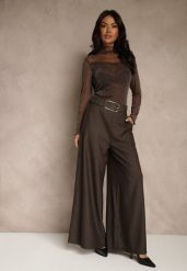 Brązowe Szerokie Garniturowe Spodnie z Bawełny High Waist Ozdobione Paskiem Tusneva. Brązowe spodnie materiałowe damskie Renee, bez wzorów, z bawełny, eleganckie, z podwyższonym stanem. Za 129.99 zł.