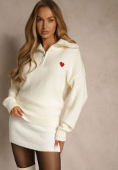 Biały Sweter z Wełną Wiskozą i Bawełną z Sercem Monisella. Białe swetry nierozpinane damskie Renee, m, bez wzorów, z bawełny, casualowe, bez kołnierzyka, bez ramiączek. Za 129.99 zł.