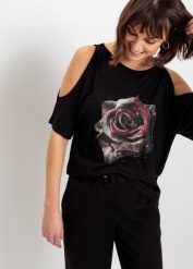 Bluzka z wiskozy z odkrytymi ramionami. Czarne bluzki damskie bonprix, bez wzorów, z wiskozy, eleganckie, bez kołnierzyka, bez ramiączek. Za 69.99 zł.