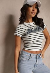 Niebiesko-Biały Bawełniany T-shirt w Paski Ozdobiony Napisem na Naszywce z Jeansu Eviola. Niebieskie t-shirty damskie Renee, m, z aplikacjami, z bawełny, klasyczne, bez kołnierzyka, bez ramiączek. Za 49.99 zł.