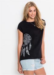 T-shirt z nadrukiem. Czarne t-shirty damskie bonprix, bez wzorów, bez kołnierzyka, bez ramiączek. Za 64.99 zł.