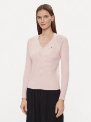 Tommy Hilfiger Sweter Co Cable V-Nk Sweater WW0WW40674 Różowy Regular Fit. Czerwone swetry nierozpinane damskie Tommy Hilfiger, l, bez wzorów, z bawełny, bez kołnierzyka, bez ramiączek. Za 539.99 zł.