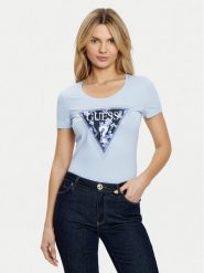 Guess T-Shirt W5RI00 J1314 Niebieski Regular Fit. Niebieskie t-shirty damskie Guess, l, z aplikacjami, z bawełny, bez kołnierzyka, bez ramiączek. Za 119.99 zł.