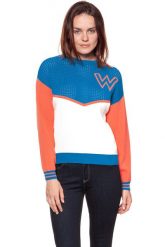 DAMSKI SWETER WRANGLER POINTELLE KNIT DEEP WATER W8106PXDF 112132223. Białe swetry nierozpinane damskie Wrangler, xs, z aplikacjami, retro, bez kołnierzyka, bez ramiączek. W wyprzedaży za 69.99 zł.