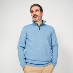 Sweter do golfa męski MW500 z półgolfem. Niebieskie swetry męskie INESIS, m, bez wzorów, z bawełny, eleganckie, bez kołnierzyka, bez ramiączek. Za 149.99 zł.