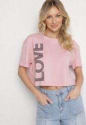 Różowy Krótki Bawełniany T-shirt z Napisem Sannirra. Czerwone t-shirty damskie Born2be, m, bez wzorów, z bawełny, klasyczne, bez kołnierzyka, bez ramiączek. Za 34.99 zł.