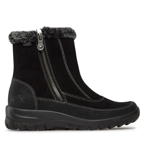 Botki Rieker. Czarne botki damskie Rieker, bez wzorów, bez obcasa, na płaskiej podeszwie, bez zapięcia. Za 229.99 zł.