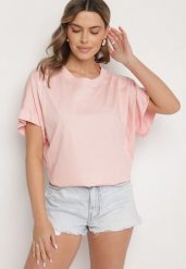 Jasnoróżowy T-shirt z Wiskozą o Kroju Nietoperza Tanariona. Czerwone t-shirty damskie Born2be, bez wzorów, z jeansu, bez kołnierzyka, bez ramiączek. Za 54.99 zł.