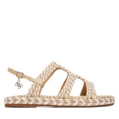 Sandały Guess. Brązowe sandały damskie Guess, z aplikacjami, bez obcasa, na płaskiej podeszwie, bez zapięcia. Za 549.99 zł.