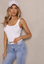Biały Top na Ramiączkach z Prążkowanego Materiału z Bawełny Zaliena. Białe topy damskie Renee, m, bez wzorów, z bawełny, bez kołnierzyka, bez ramiączek. Za 44.99 zł.