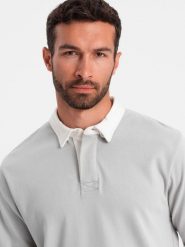 Ombre Bluza męska z białym kołnierzykiem polo - popielata V7 OM-SSNZ-0132 S. Białe bluzy męskie Ombre, m, bez wzorów, bez ramiączek, bez kaptura. Za 79.99 zł.