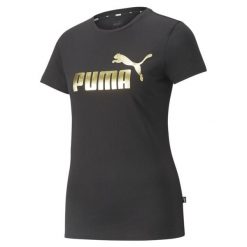 Damska koszulka z metalicznym logo Essentials+ PUMA Black Gold Foil. Czarne bluzki damskie Puma, s, bez wzorów, eleganckie, bez kołnierzyka, bez ramiączek. Za 139.00 zł.