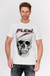 PHILIPP PLEIN Biały t-shirt męski Platinum cut round neck space plein. Białe t-shirty męskie Philipp Plein, l, z aplikacjami, prążkowane, bez kołnierzyka, bez ramiączek. W wyprzedaży za 799.99 zł.