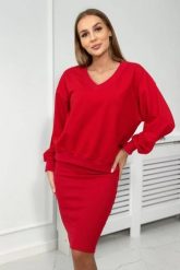 Komplet bluzka + sukienka prążkowana czerwony. Czerwone sukienki damskie KESI, na co dzień, l, bez wzorów, z bawełny, eleganckie, bez kołnierzyka, bez ramiączek. Za 292.73 zł.