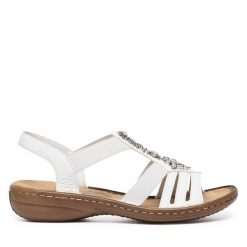 Sandały Rieker. Białe sandały damskie Rieker, bez wzorów, bez obcasa, na płaskiej podeszwie, bez zapięcia. Za 209.99 zł.