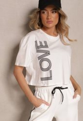 Biały T-shirt z Bawełny o Krótkim Kroju Ozdobiony Napisem Sannovia. Białe t-shirty damskie Renee, m, bez wzorów, z bawełny, klasyczne, bez kołnierzyka, bez ramiączek. Za 39.99 zł.