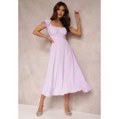 Fioletowa Sukienka o Rozkloszowanym Kroju z Wiązaniem Perolis. Fioletowe sukienki damskie Renee, m, bez wzorów, eleganckie, bez kołnierzyka, bez ramiączek, midi, rozkloszowane. Za 59.99 zł.
